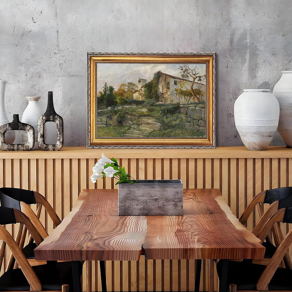 Large Framed Vintage European Countryside Village Wall Art Canvas Print Rustic Farmhouse Landscape Painting with Cottages Trees Pastoral Artwork Picture Decor for Living Room Bedroom Office 24X36inch