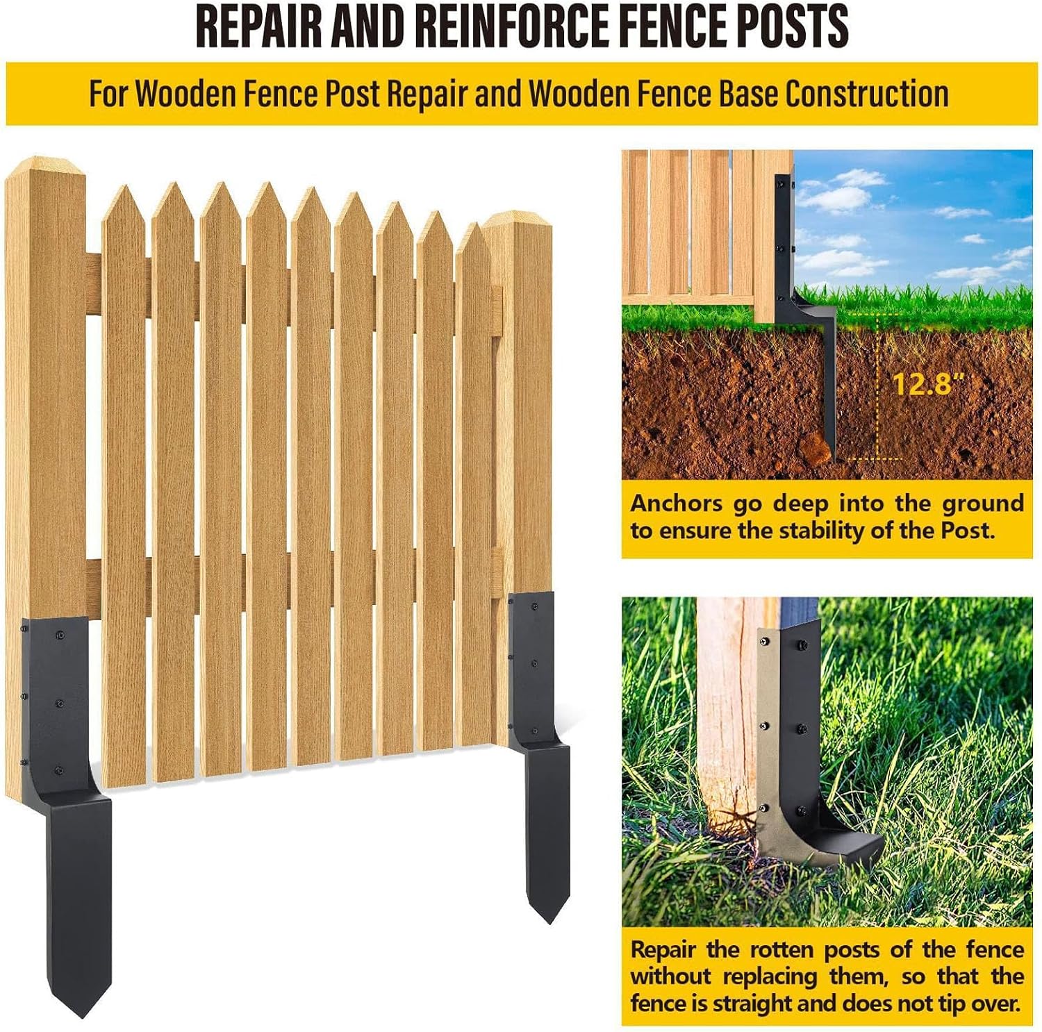 FLEXMAN 6Pcs Thickened Fence Post Repair Stakes Kit, 11+12.8 X 4.5 Steel Fence Anchor Support Ground Spike with Accessories, Heavy Duty Ground Spike for Repair Wood Fence