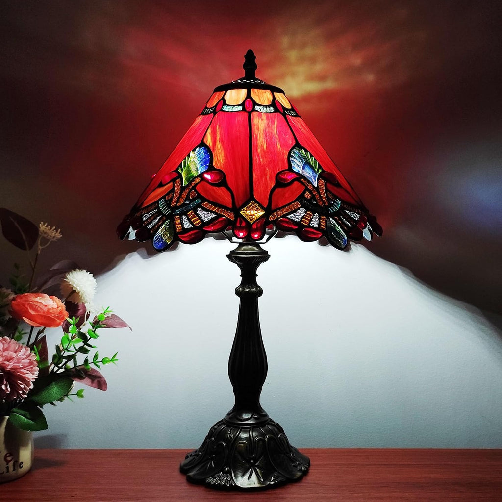 Tiffany Table Lamp Red Baroque Style Stained Glass Lamp 12X12X19 Inch Antique Lamp for Office Home Bedroom Living Include 3-Color LED Bulb