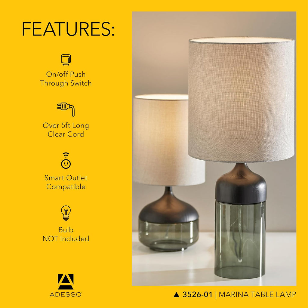 Adesso Table Lamp with Smoked Glass, Black Wood Base and Grey Fabric Lampshade – Bedside Table, Home Office Lighting or Living Room Decor, 16.25' x 7.5'