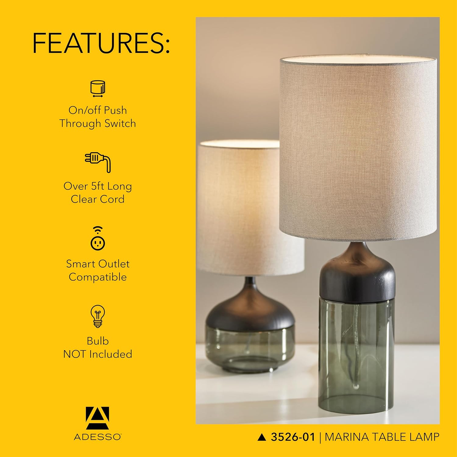 Adesso Table Lamp with Smoked Glass, Black Wood Base and Grey Fabric Lampshade – Bedside Table, Home Office Lighting or Living Room Decor, 16.25' x 7.5'