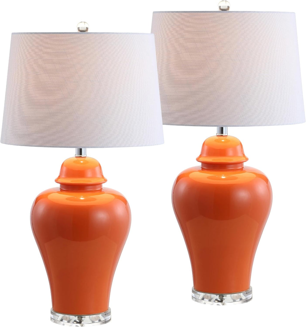 JONATHAN Y 27' Orange Ceramic Urn Table Lamp Set of 2 for Living Room, Bedside Nightstand Lamps for Bedroom, Farmhouse Decor with White Linen Shade, LED Bulbs Included (JYL4020B-SET2)