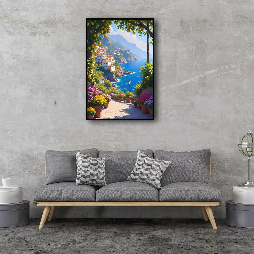Italian Amalfi Coast Lemon Tree Garden Amalfi Coast Landscape | Metal Framed canvas, for event venues, mediterranean style, temporary venue decor, mediterranean theme styling