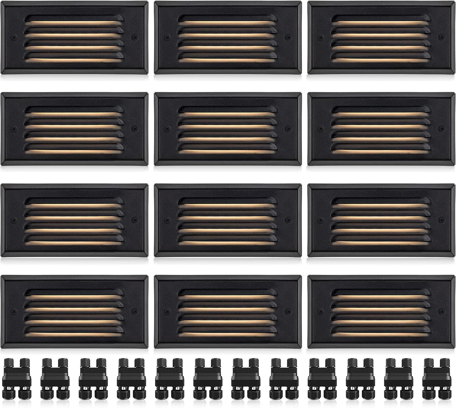 SUNVIE LED Low Voltage Step Lights 3000k Step Light Outdoor 5W Low Voltage Deck Lights with Horizontal Louver Faceplate Deck Stair Light for Stairs Fence Post Fastlock2 Connectors Included, 12 Pack