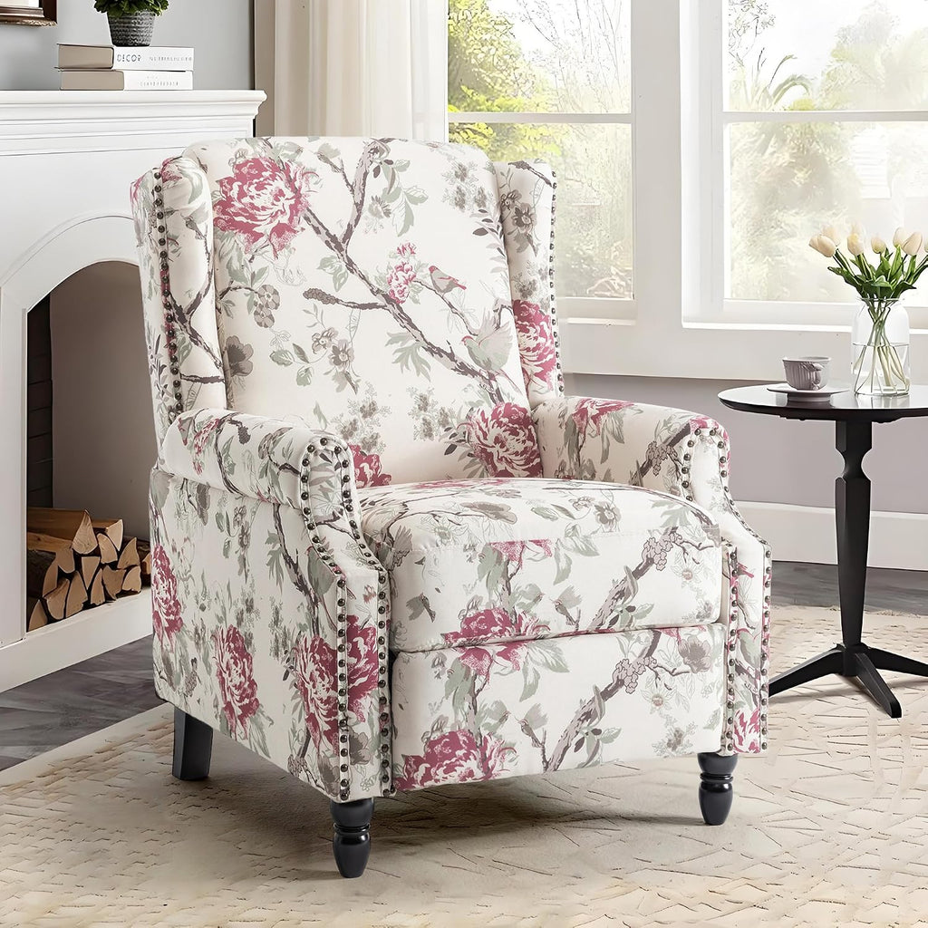 Pushback Floral Recliner Chair, Fabric Upholstered Armchair Push Back Accent Chair for Living Room, Rivet Trim Club Chair Home Theater Single Sofa Reading Seat - Beige Floral