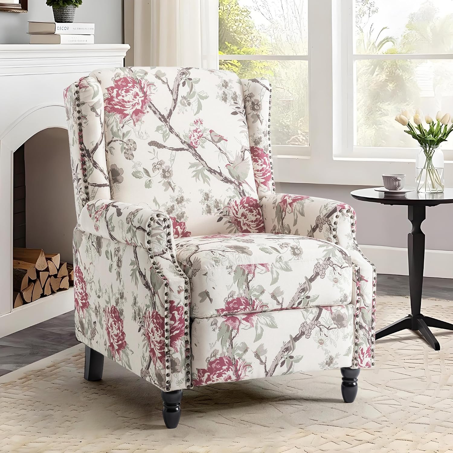 Pushback Floral Recliner Chair, Fabric Upholstered Armchair Push Back Accent Chair for Living Room, Rivet Trim Club Chair Home Theater Single Sofa Reading Seat - Beige Floral