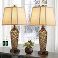 AIEAMPDO 27' Set of 2 Farmhouse Table Lamps for Living Room with USB A+C Ports, Vintage Nightstand Bedroom Lamp and Nightlight, Hollow Out Resin Desk Lamps, 2 Bulbs Include