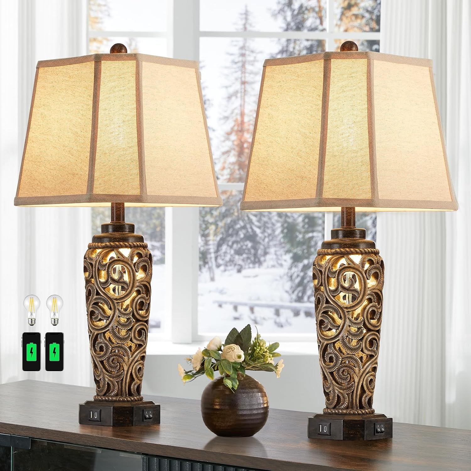 AIEAMPDO 27' Set of 2 Farmhouse Table Lamps for Living Room with USB A+C Ports, Vintage Nightstand Bedroom Lamp and Nightlight, Hollow Out Resin Desk Lamps, 2 Bulbs Include