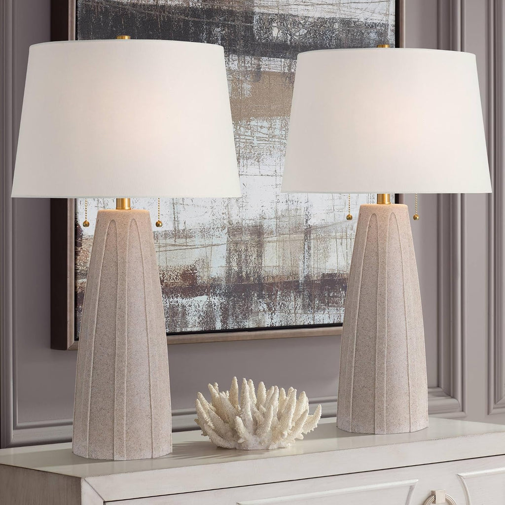360 Lighting Arizona 28' Tall Modern Coastal Table Lamps Set of 2 Pull Chain Beige Faux Sandstone Finish Fabric White Shade Living Room Bedroom Bedside Nightstand House Office Home Reading