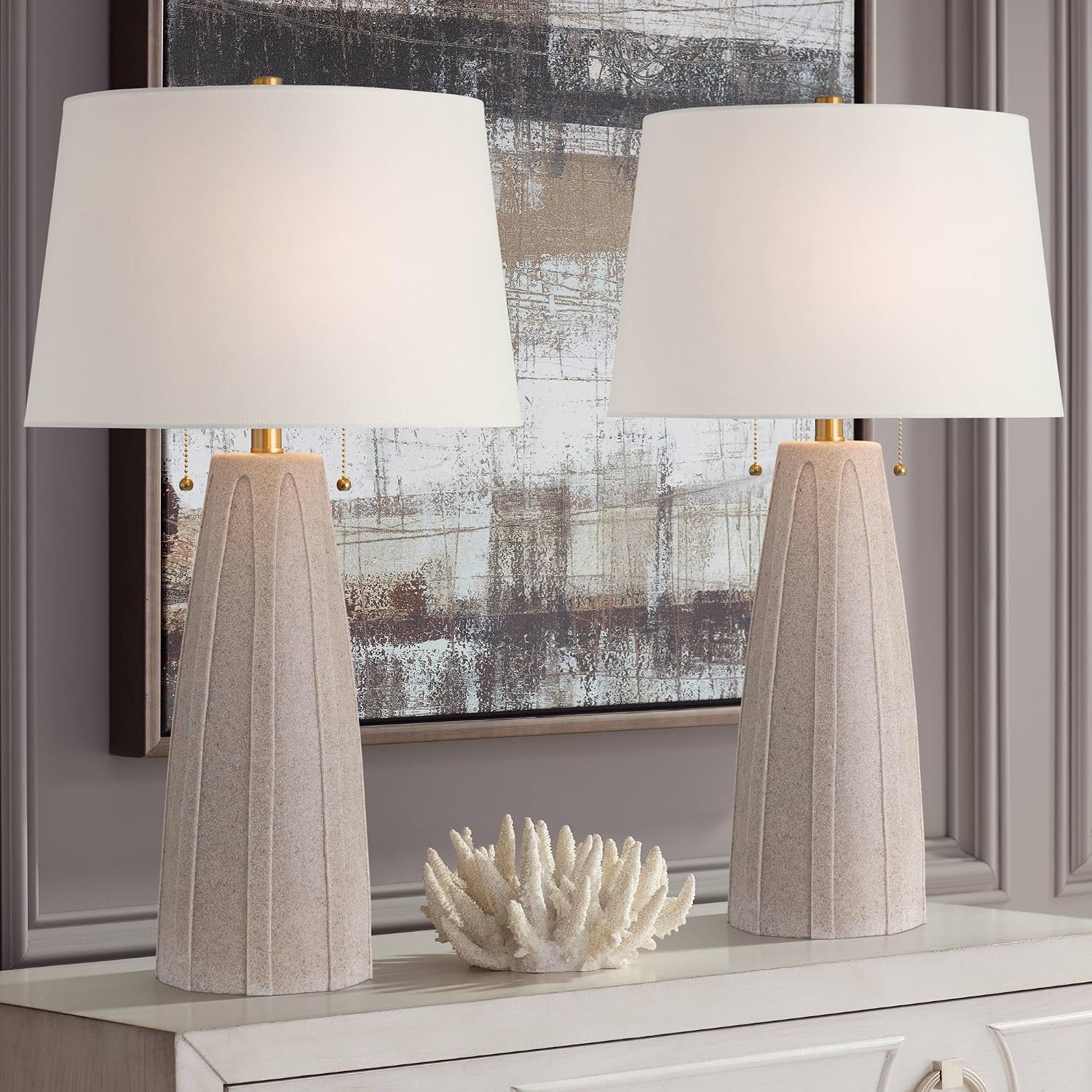 360 Lighting Arizona 28' Tall Modern Coastal Table Lamps Set of 2 Pull Chain Beige Faux Sandstone Finish Fabric White Shade Living Room Bedroom Bedside Nightstand House Office Home Reading