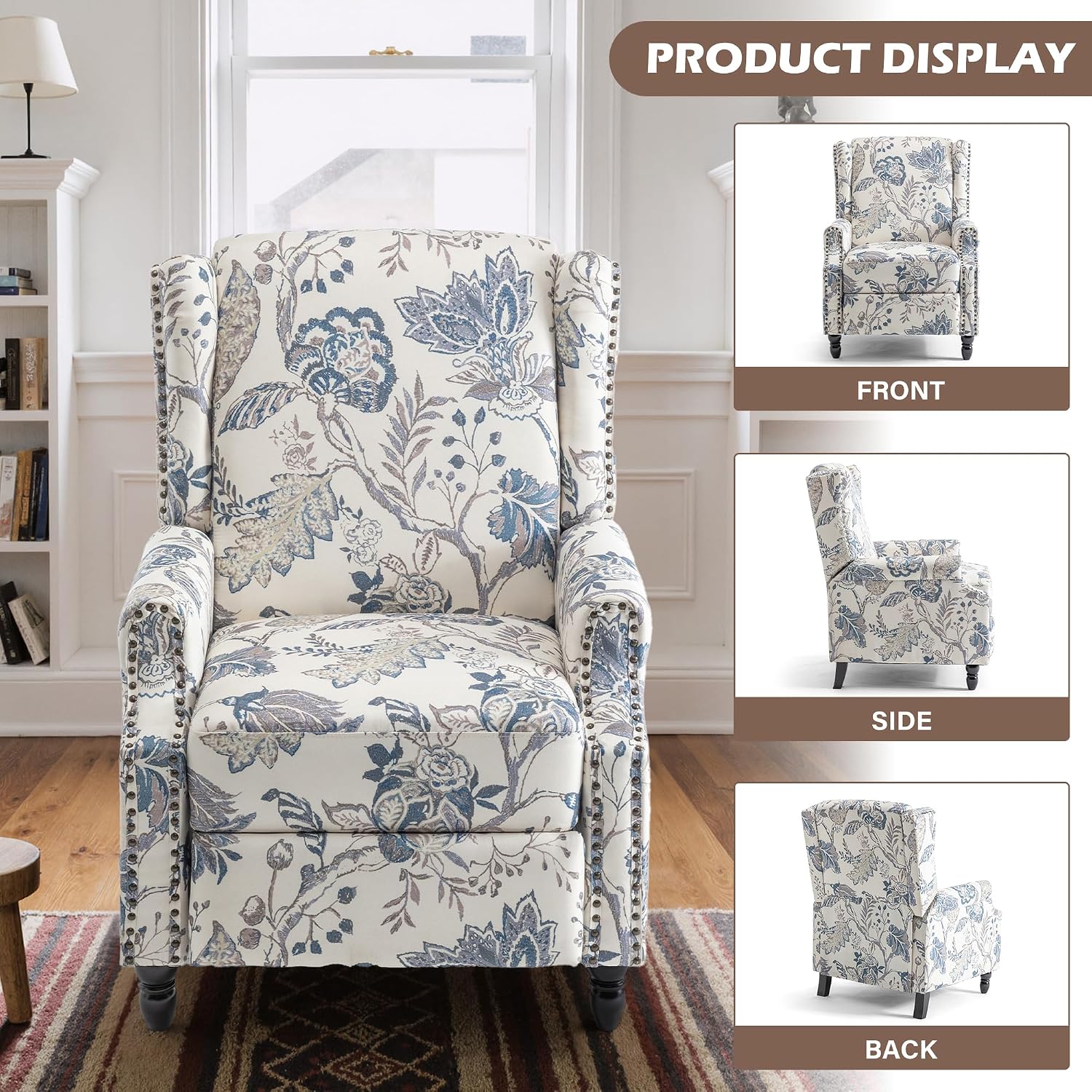 Set of 2 Floral Pushback Recliner Chairs, Fabric Upholstered Rivet Trim Accent Club Chairs for Living Room, Home Theater- Bule Plant