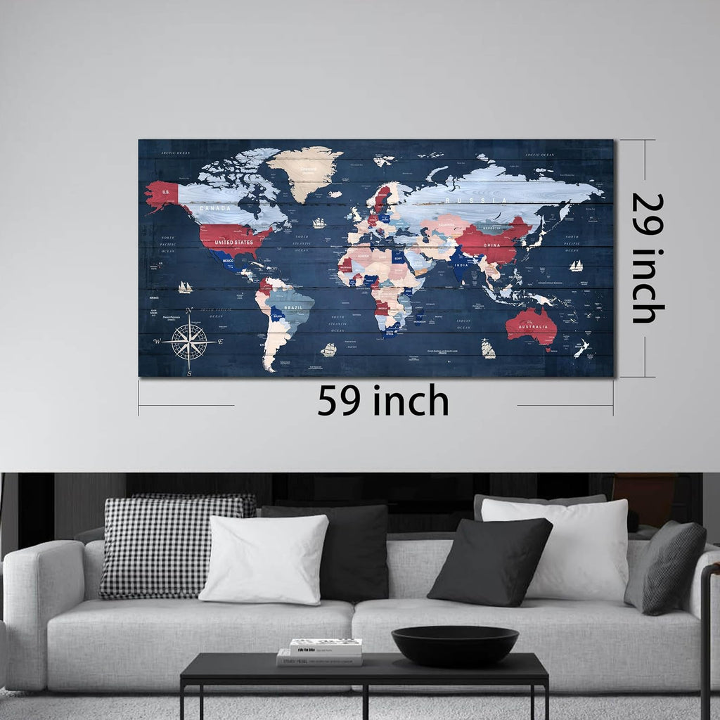 ZHAOSHOP World Maps for Wall - Blue Wall Decor for Living Room - World Map Canvas Wall Art Ready to Hang Size 59' x 29'