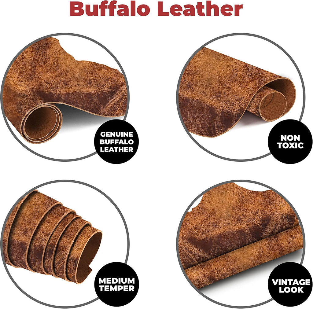 European Leather Work Buffalo Hide 8-10 oz (3-4mm) | Pre-Cut Size: 2 PCS 2.5-4 SQ FT | Vintage Tan - Full Grain Leather for Tooling, Stamping, Molding, Engraving