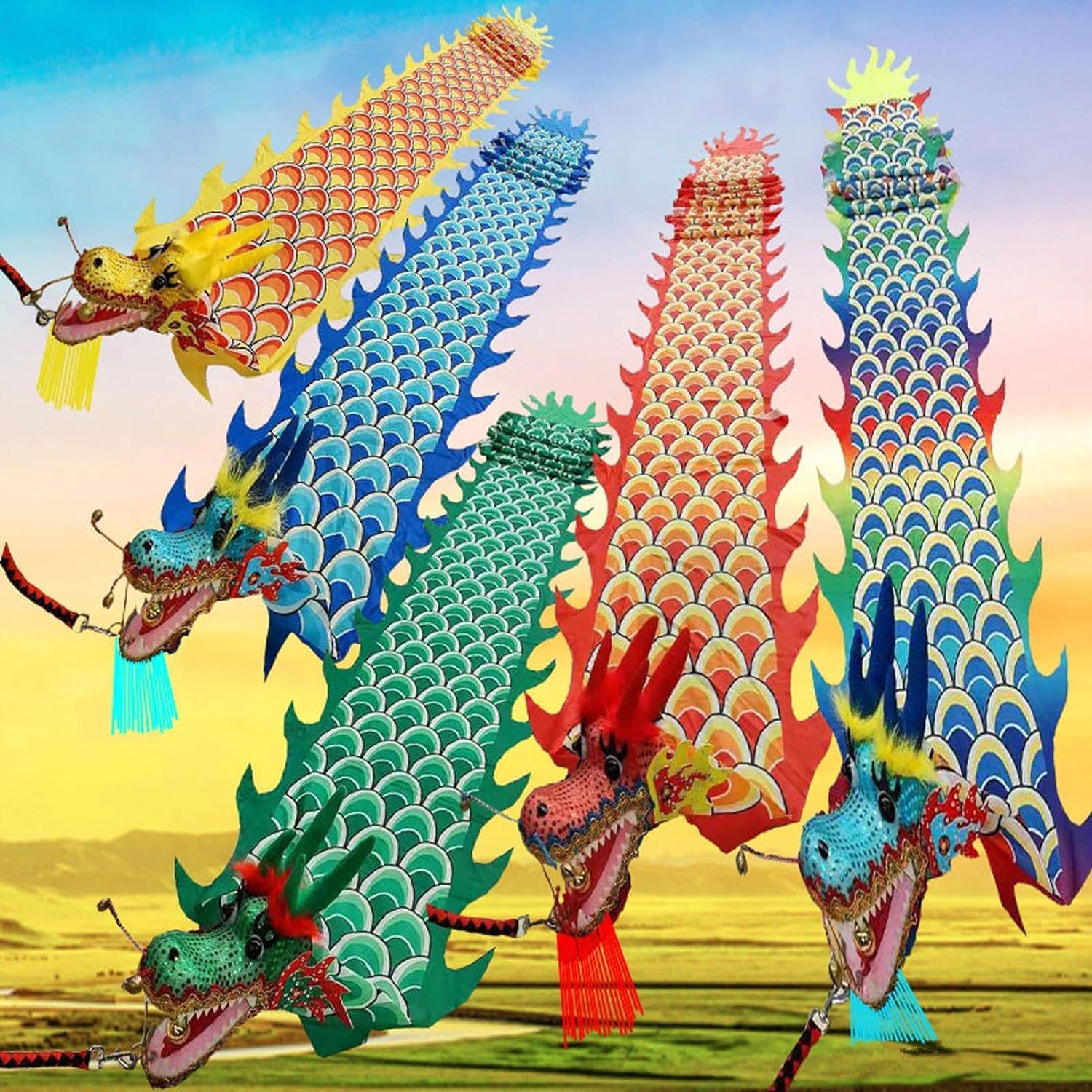 Dragonhead Dance Streamers，Dragon Flowy Spinning， Chinese Dragon Lion Dance Silk Streamer Multicolor 10m/12m(B,12 Months)