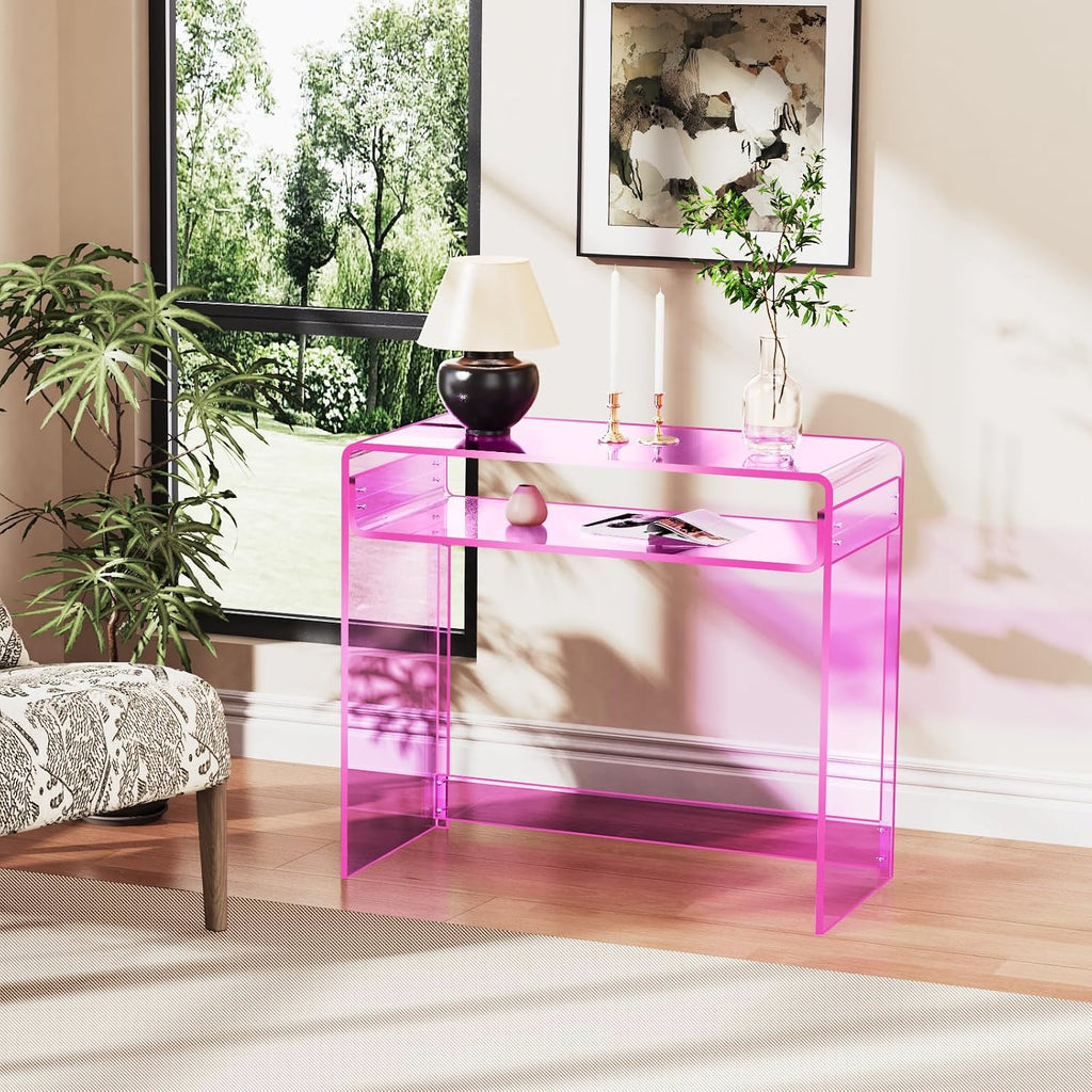 Acrylic Desk Laptop Workstation Study Table Home Office Console Tables Entrance Table Decor (Pink)