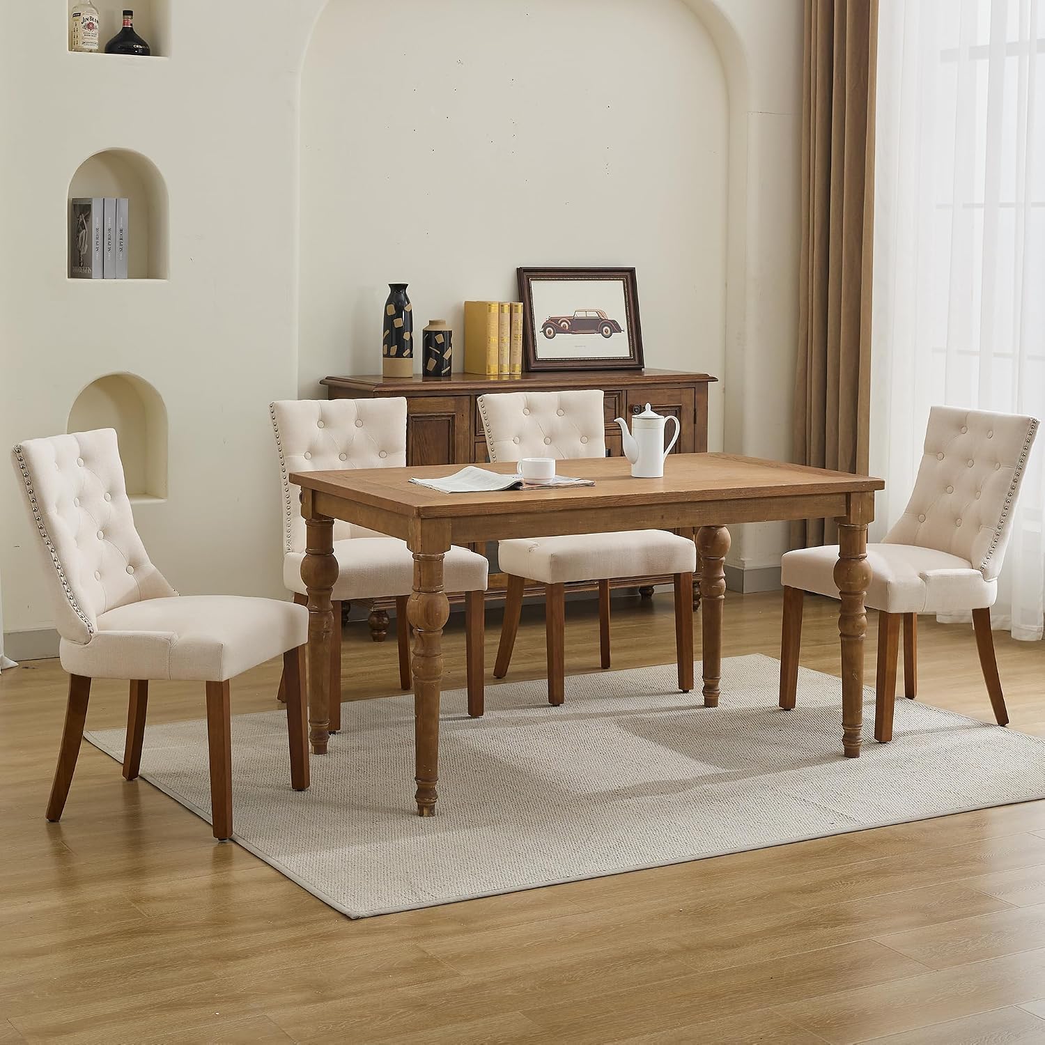 adochr Dining Chairs Set of 6, Modern Mid Century Kitchen Chairs with Wooden Legs & Linen Fabric Back, Dining Room Chairs with Pull Rings & Nailhead Trim, Beige