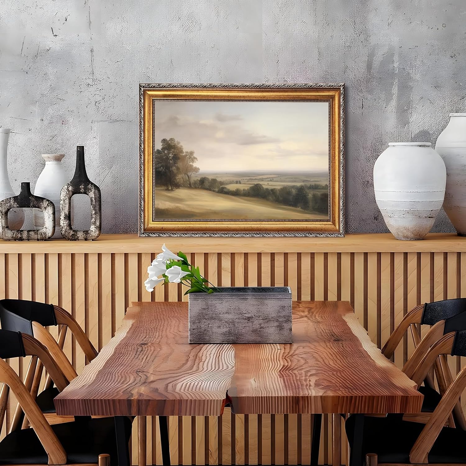 Large Gold Framed Classic European Pastoral Landscape Canvas Wall Art Vintage English Countryside Horizon Oil Painting Poster Retro Rolling Hills Artwork Prints for Rustic Farmhouse Decor 24x36inch