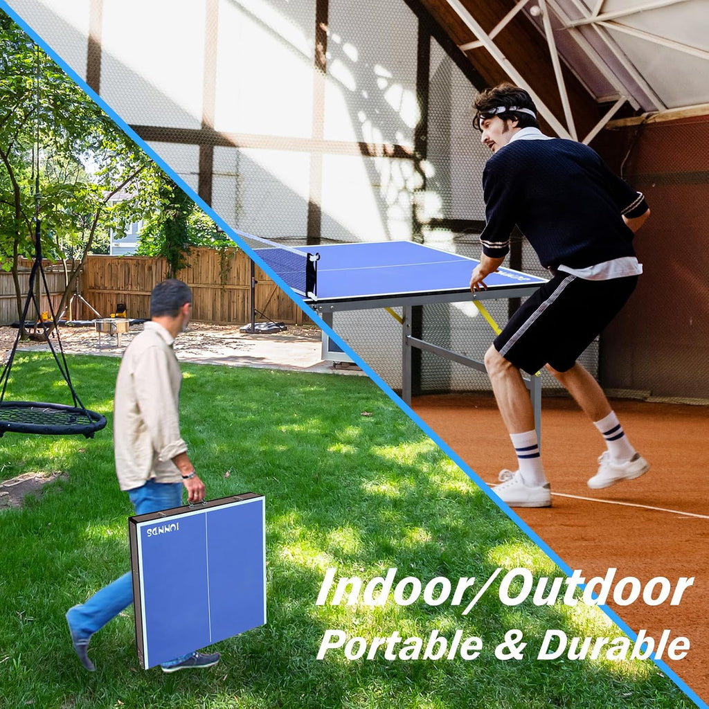 IUNNDS Portable Table Tennis Table 6/8/8.5/9FT Foldable Ping Pong Game Set for Indoor with Net and Post Set, 2 Paddles and 3 Balls