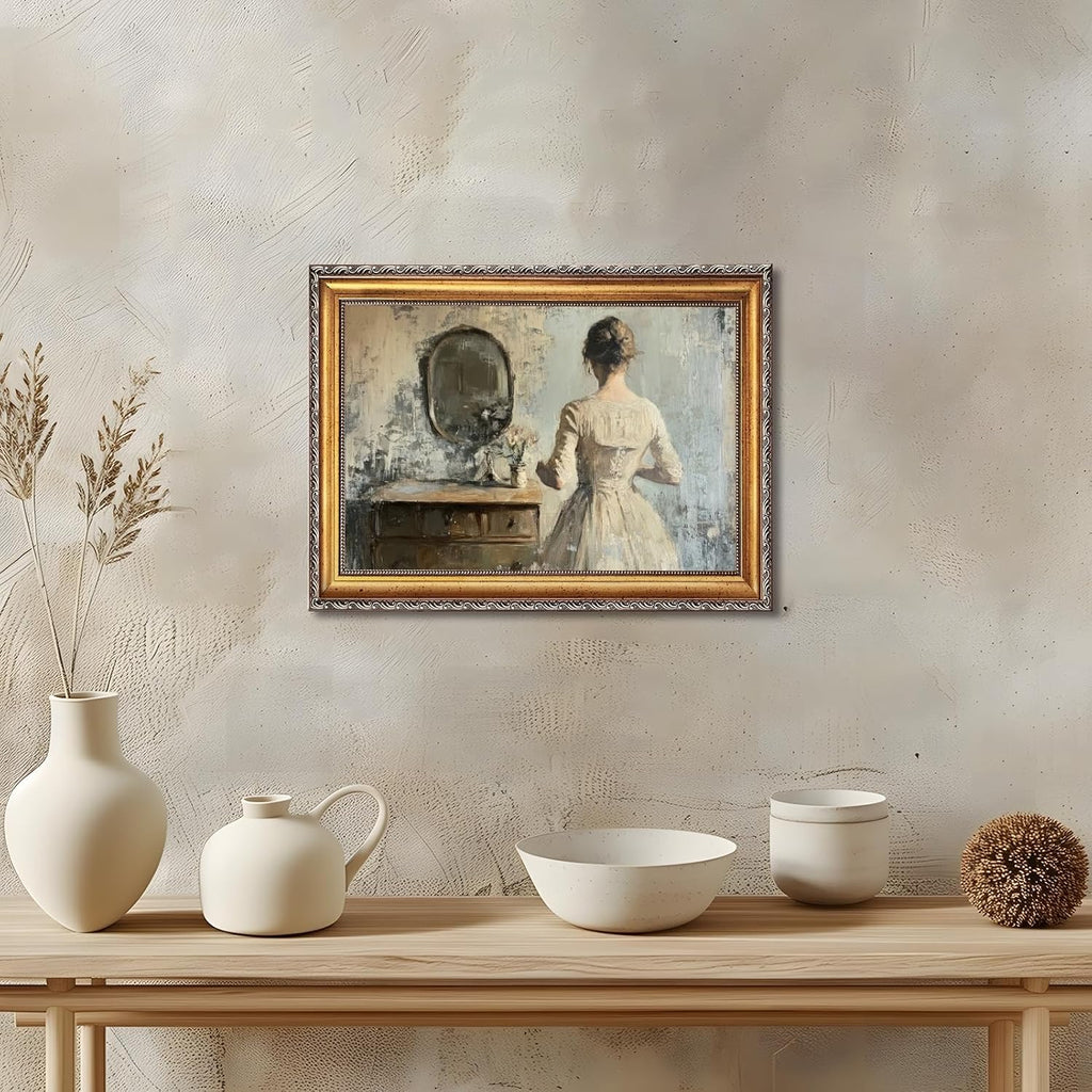 Large Framed Woman at Vanity Mirror Oil Painting Poster Vintage Victorian Female Canvas Wall Art Retro European Romantic Feminine Lady Artwork Print for Bedroom Dressing Room Decor 24x36inch