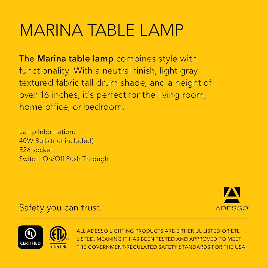 Adesso Table Lamp with Smoked Glass, Black Wood Base and Grey Fabric Lampshade – Bedside Table, Home Office Lighting or Living Room Decor, 16.25' x 7.5'