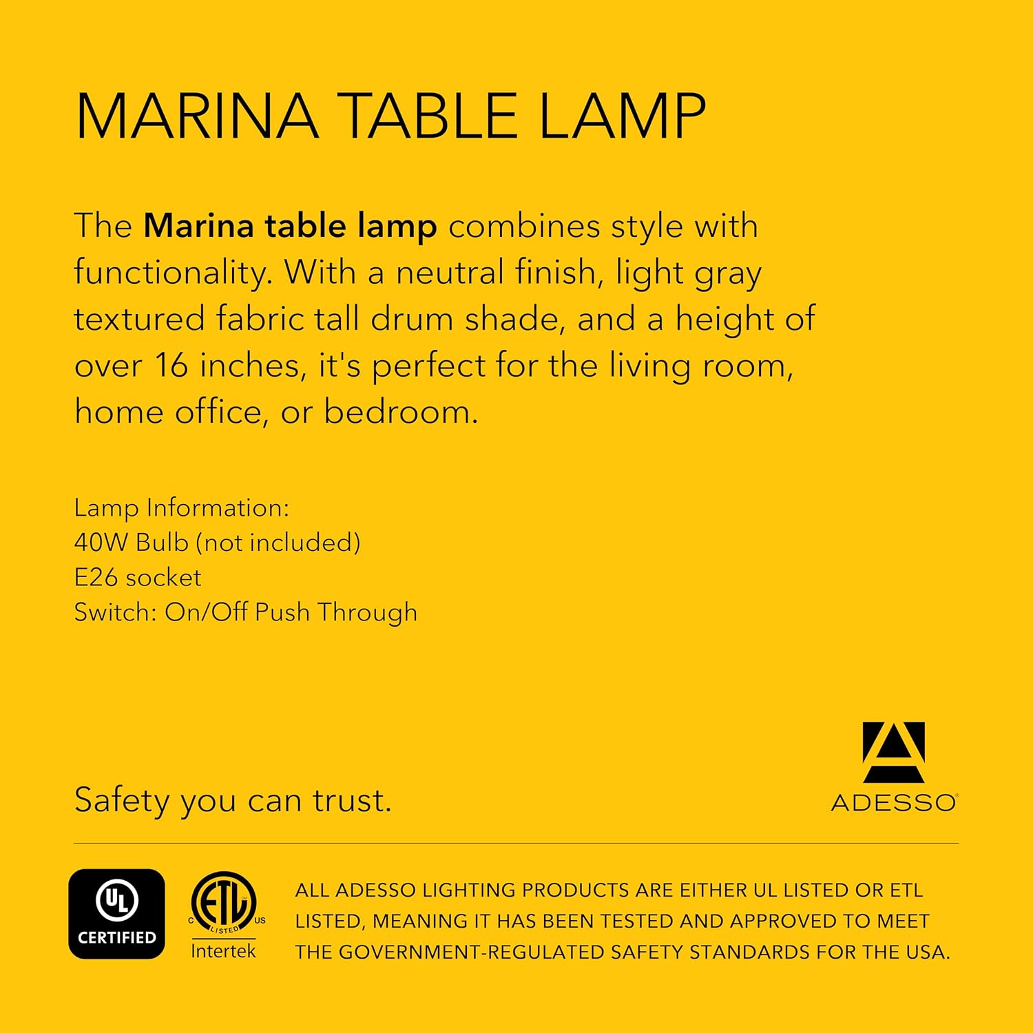 Adesso Table Lamp with Smoked Glass, Black Wood Base and Grey Fabric Lampshade – Bedside Table, Home Office Lighting or Living Room Decor, 16.25' x 7.5'