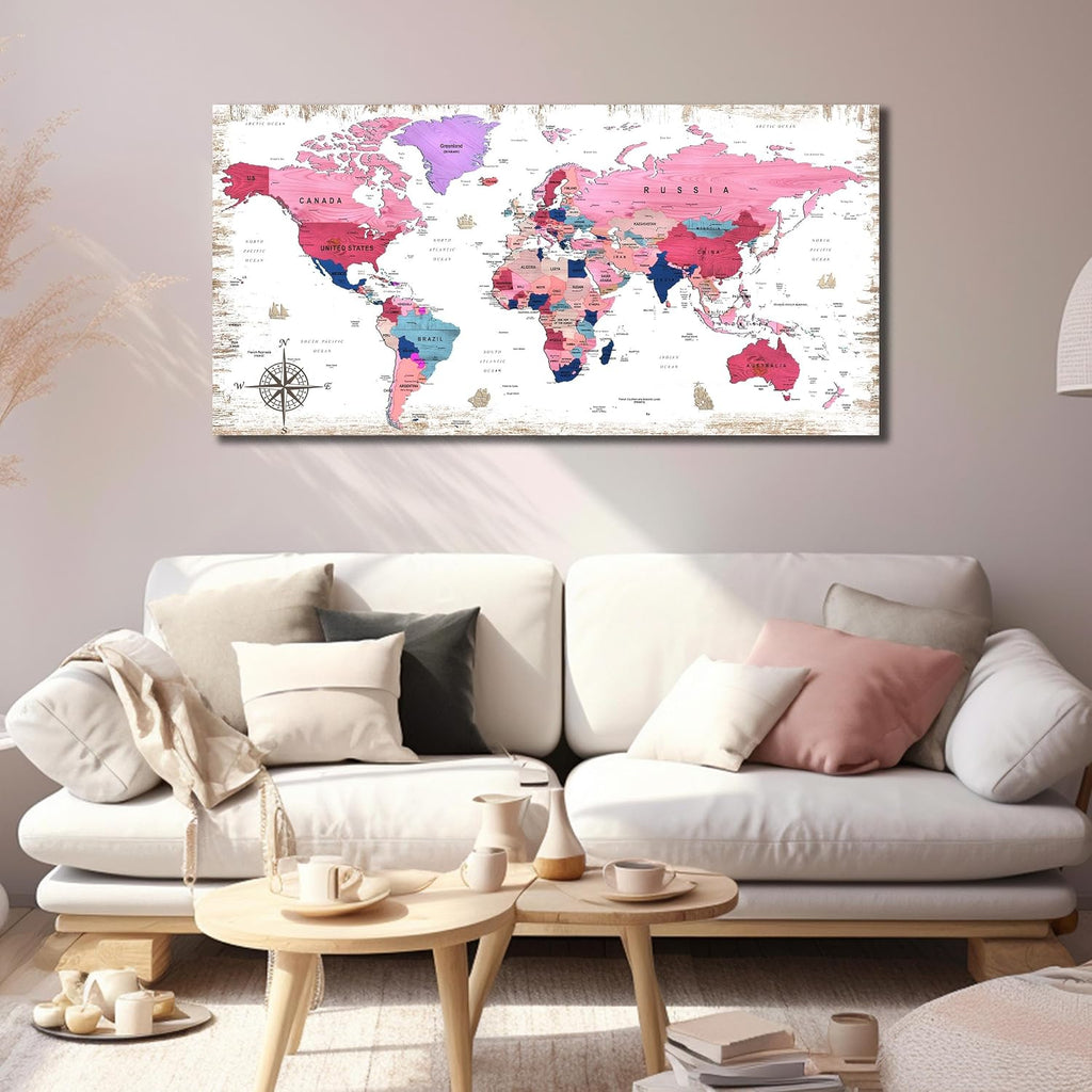 ZHAOSHOP Large World Map Canvas Wall-Art - Wall Decor For Girls Bedroom - Pink pictures Wall Decor Ready To Hang Size 59' x 29'