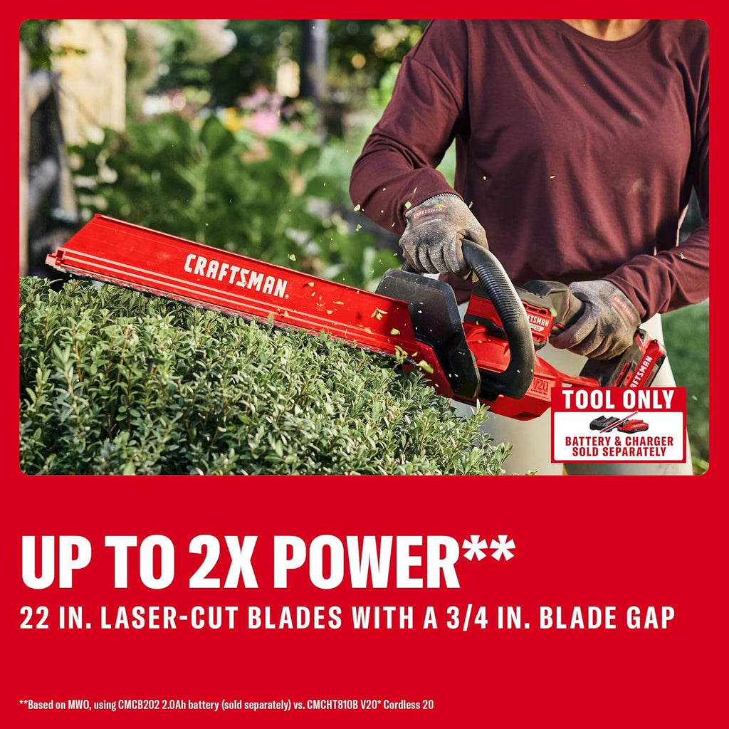 CRAFTSMAN V20 Brushless RP 22 in. Cordless Hedge Trimmer, Lightweight Bush Trimmer with Hedge Sweep Attachment, Up to 2X Power, Longer Runtime, Tool Only (CMCHT830B)