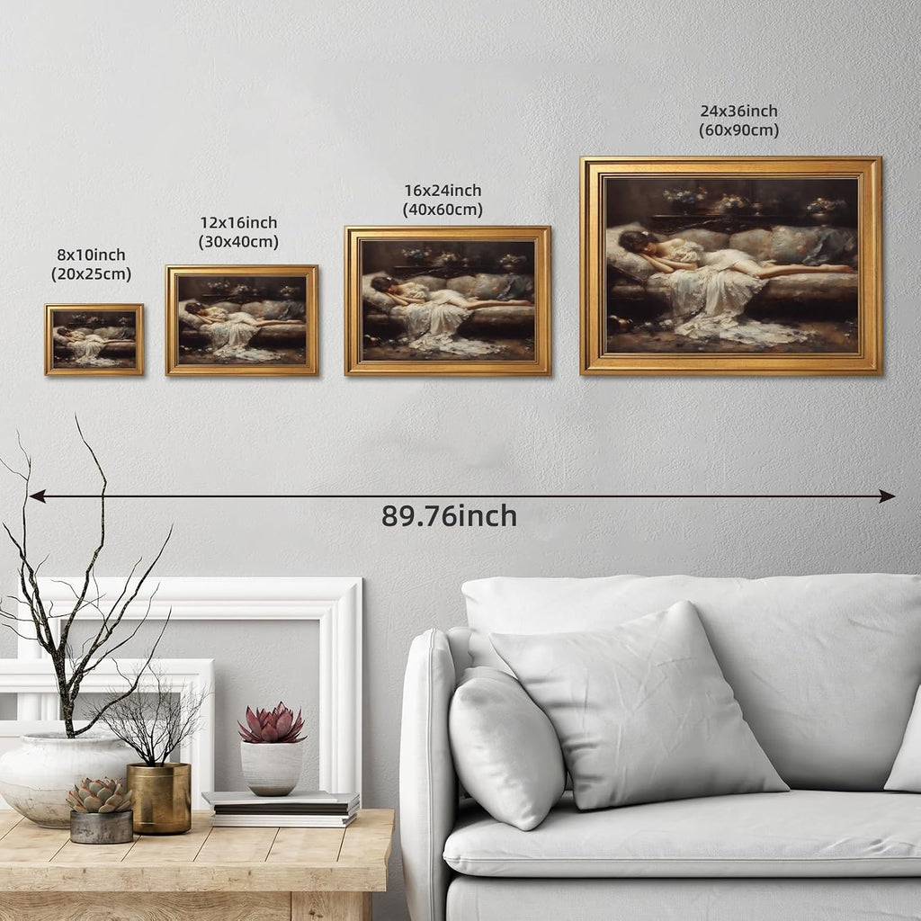 Gold Frame Wall Art Vintage Victorian Tired Woman Portrait Canvas Poster Moody Romantic Oil Painting Dark Academia Classic Wall Decor Print Aesthetic Picture for Bedroom Living Room 24X36inch