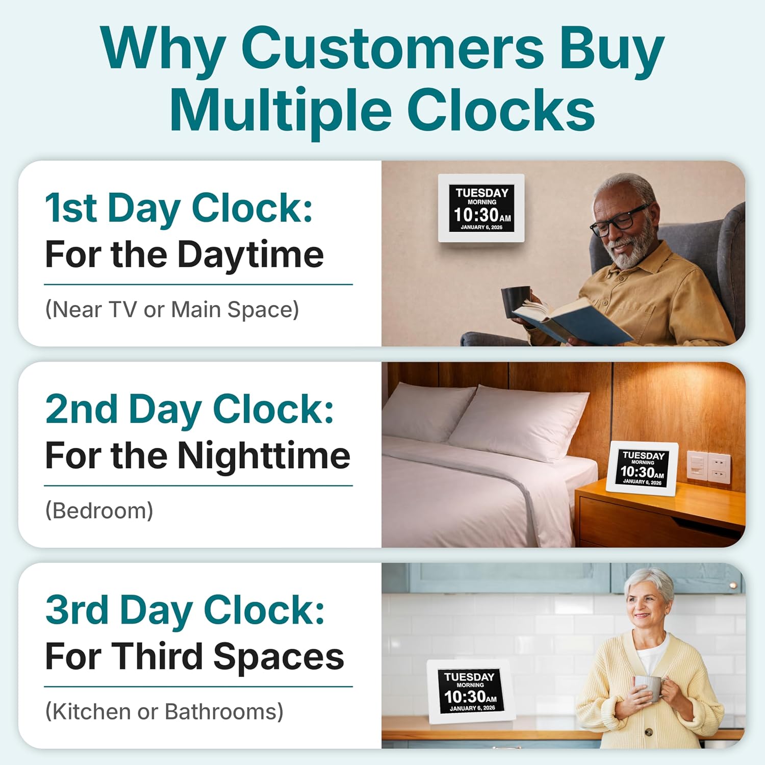American Lifetime Dementia Clock - Large Digital Clock for Seniors, Custom Alarms, Day & Date Display, White, 15 Inches