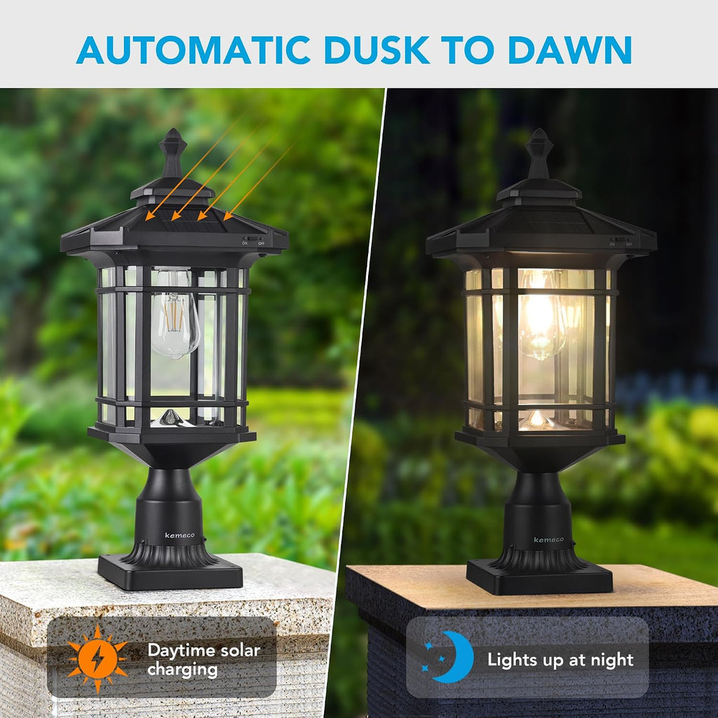 Solar Post Light Outdoor, ST4338Q Dusk to Dawn Post Lamp Solar Powered with Pier Mount Base for Pole Pillar Gates Yard Garden Pathway