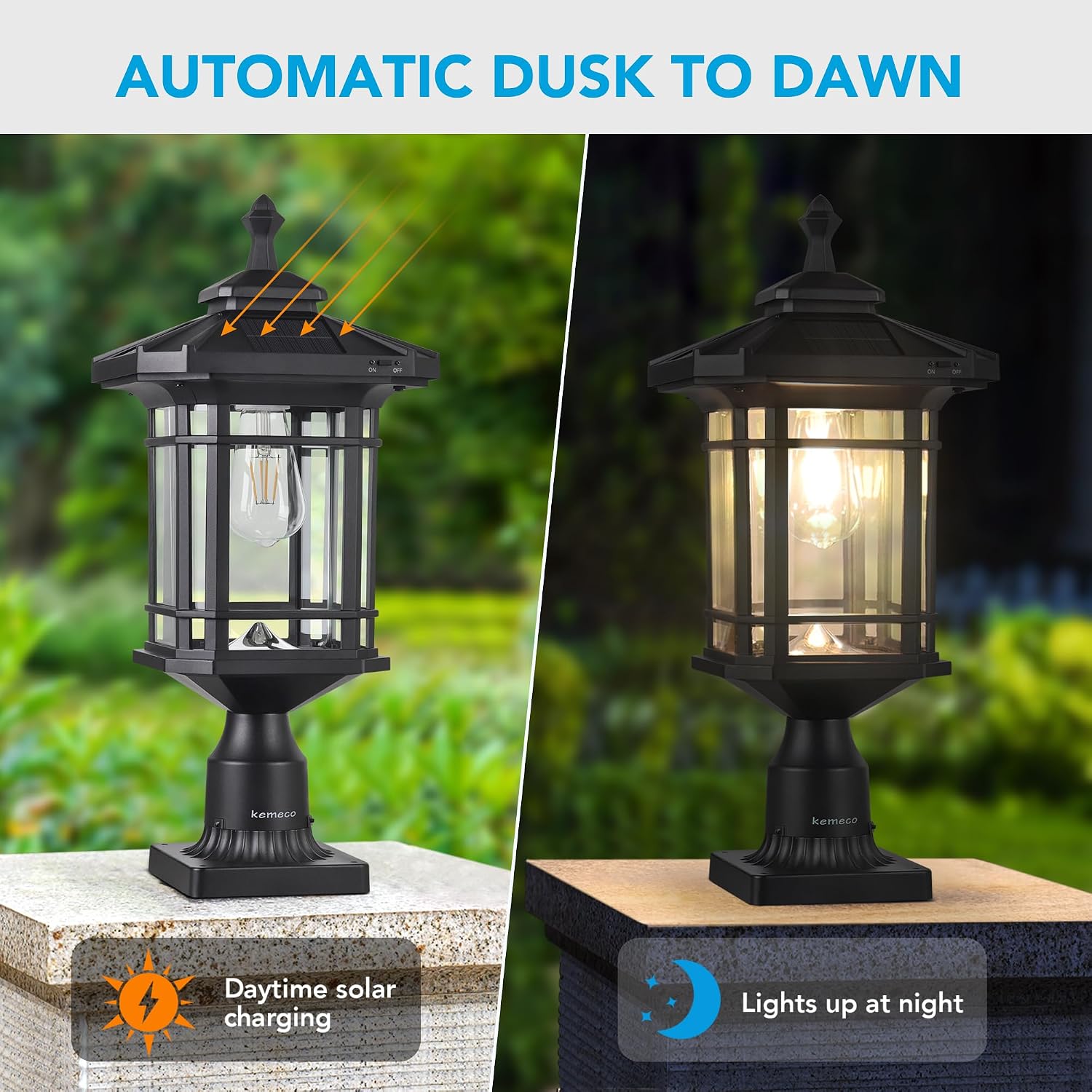 Solar Post Light Outdoor, ST4338Q Dusk to Dawn Post Lamp Solar Powered with Pier Mount Base for Pole Pillar Gates Yard Garden Pathway