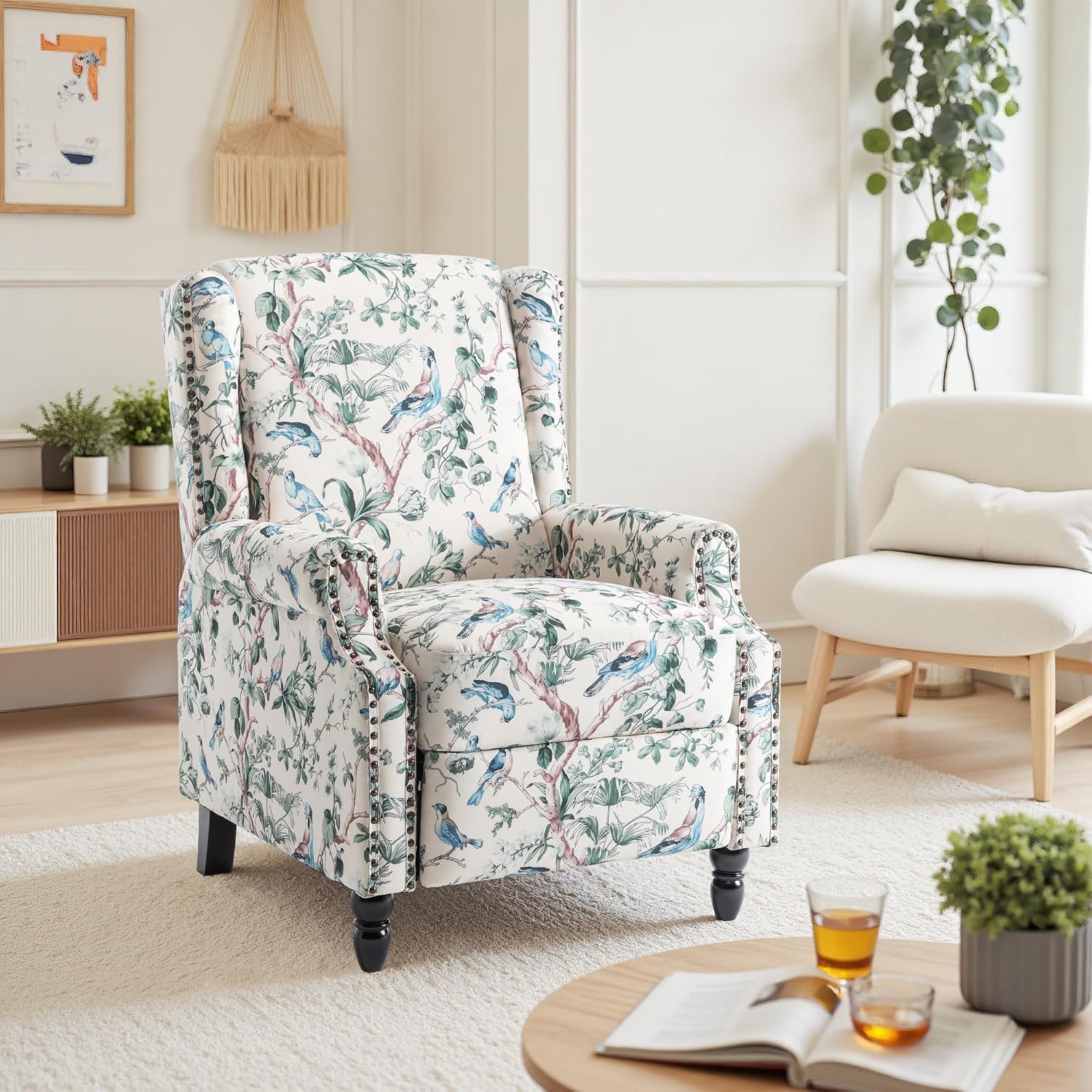 Pushback Recliner Chair, Floral Fabric Wingback Recliner Chair, Upholstered Rivet Trim Armchair Push Back Recliner Accent Chair for Small Spaces, Living Room, Bird