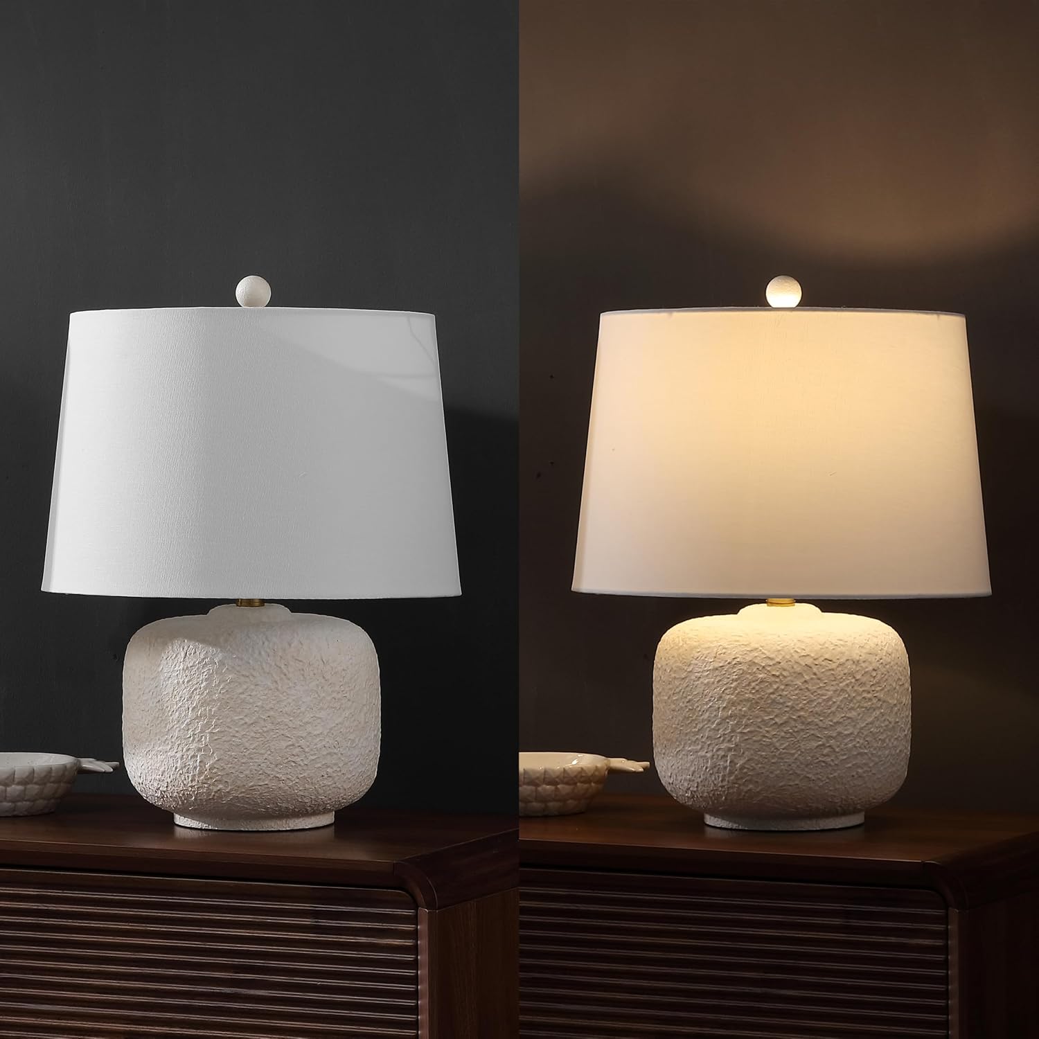JONATHAN Y 20' Antique White Textured Resin Table Lamp Set of 2 for Bedroom, Coastal Farmhouse Nightstand Lamps for Living Room, White Linen Shade, LED Bulbs Included JYL9208A-SET2
