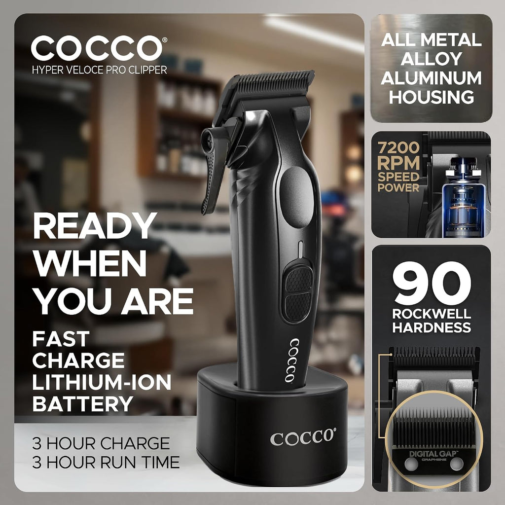 Cocco Veloce Pro Clipper, Digital Gap Ambassador Graphene Taper Blade Professional Hair Clippers, High-Torque BLDC Motor, All-Metal, Cordless, Charging Base Included