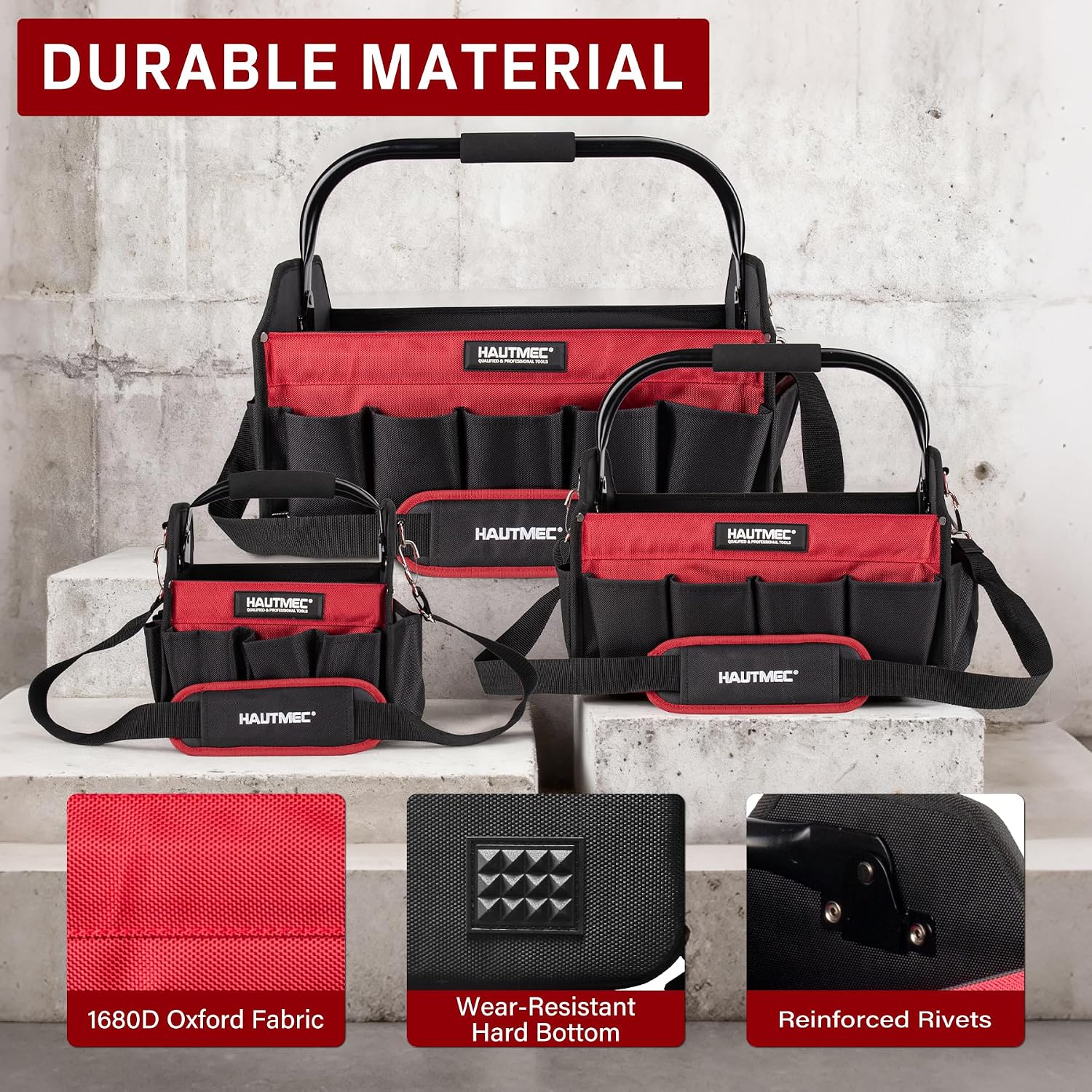 HAUTMEC 3PCS Heavy-Duty Tool Tote Bag Set, 1680D Rigid Frame Tool Bags with Foldable Handle & Padded Shoulder Strap, Water-Resistant Hard Base, Multi-Pocket Tool Box Organizer – HTTBH25052