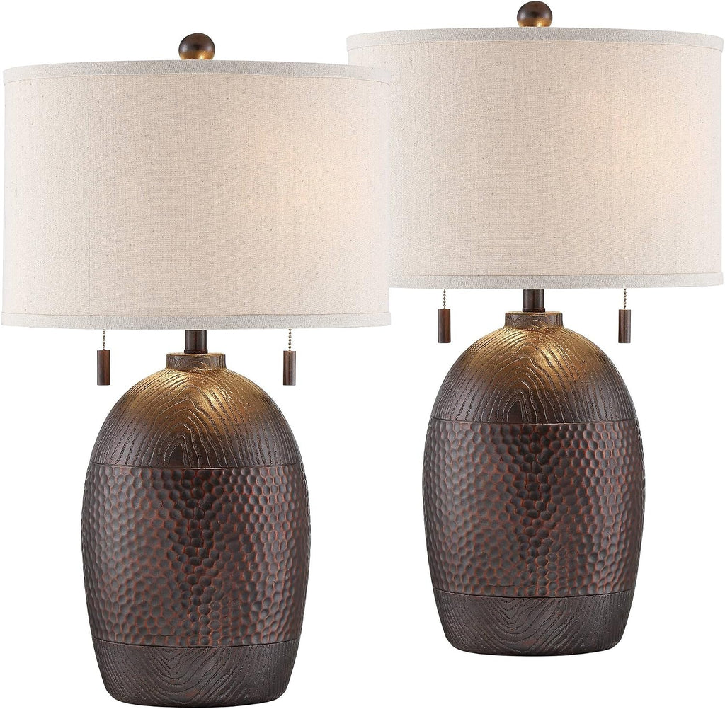 Franklin Iron Works Byron 27 1/2' Tall Farmhouse Rustic Country Cottage Table Lamps Set of 2 Pull Chain Brown Living Room Bedroom Bedside Nightstand House Office Home Reading Kitchen Oatmeal Shade