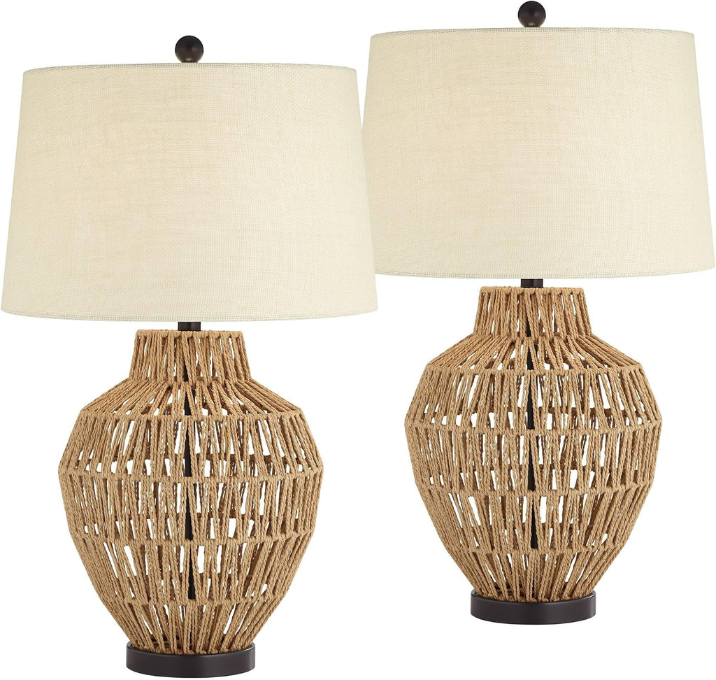 360 Lighting San Marcos 27' Tall Modern Coastal Cottage Core Table Lamps Set of 2 Natural Wicker Metal Fabric Oatmeal Shade Living Room Bedroom Bedside Nightstand House Office Home Reading Kitchen