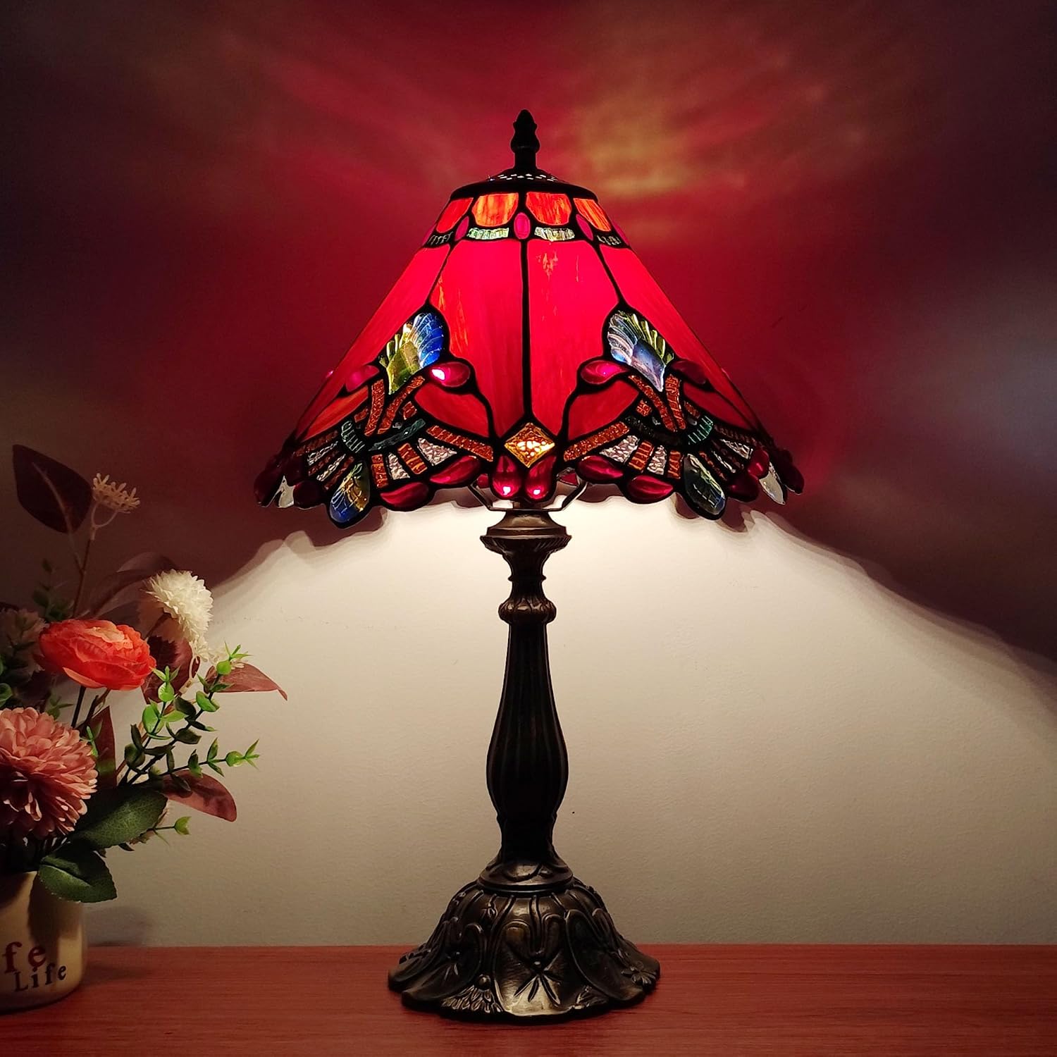 Tiffany Table Lamp Red Baroque Style Stained Glass Lamp 12X12X19 Inch Antique Lamp for Office Home Bedroom Living Include 3-Color LED Bulb