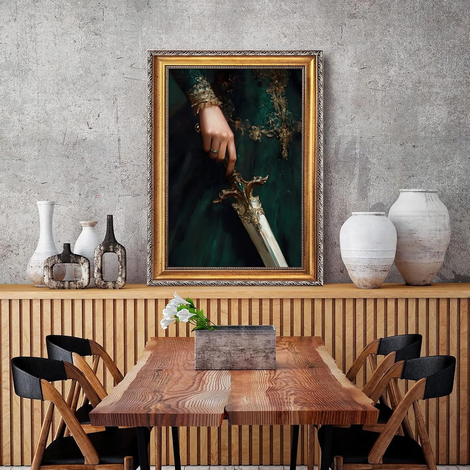 Large Gold Framed Victorian Feminist Woman Wall Art Vintage Royal Medieval Sword Canvas Poster Retro Jeweled Hand Oil Painting Prints Luxury Gothic Castle Court Decor for Girly Bedroom 24x36inch