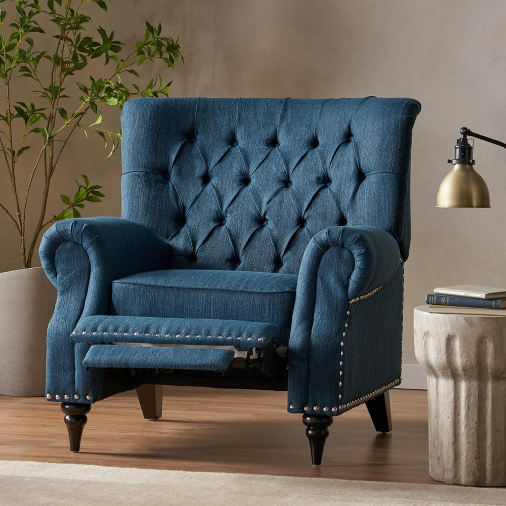 Classic Style Manual Push Back Chair with Exquisite Rivet Decor and Rolled Armrests, Ideal for Living Room Relaxation and Daily Seating (Navy Blue + Fabric)