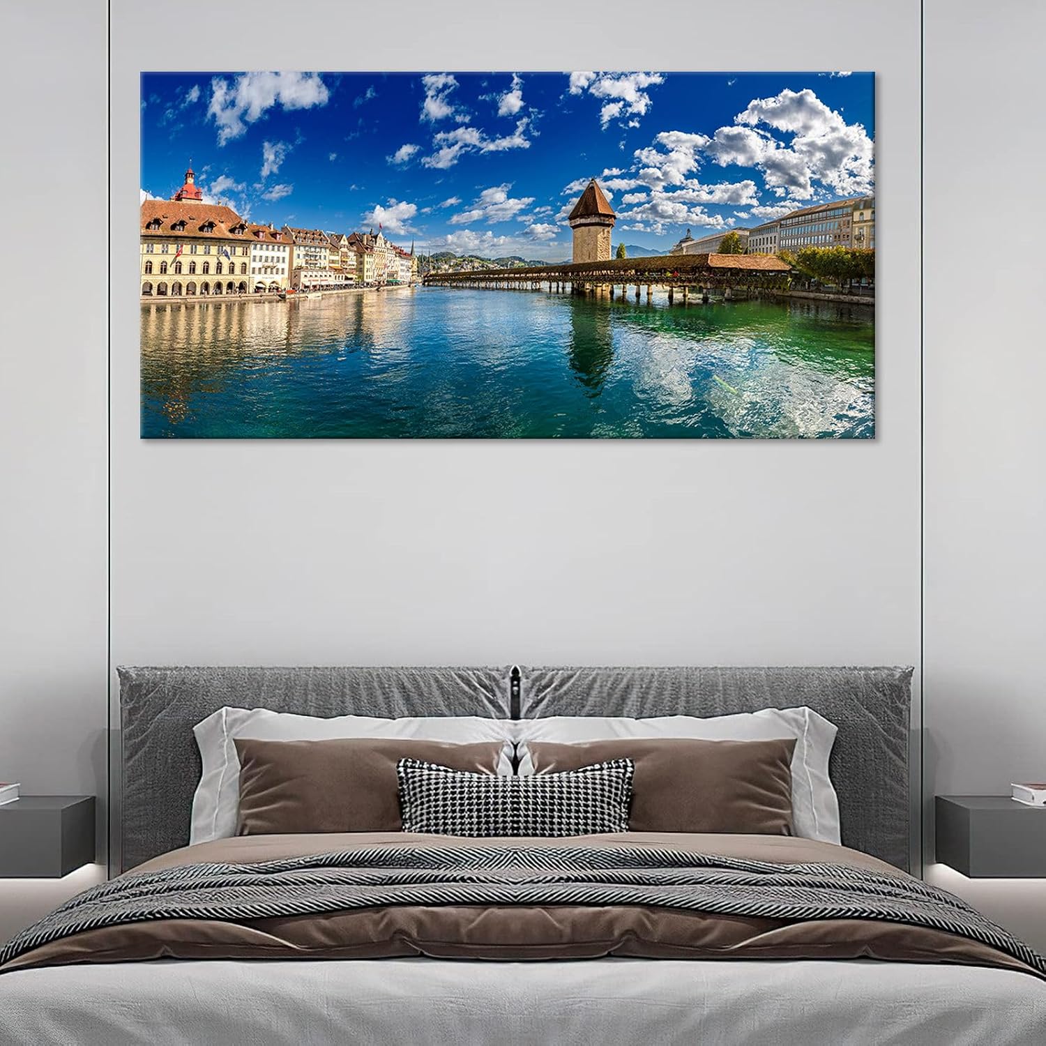 Swiss Lucerne Chapel Bridge Cityscape Large Wall Art Reuss River View Canvas Print Posters European Landscape Lake Pictures Decor Artwork for Luxury Home Living Room Bedroom Office 20x40inch Framed