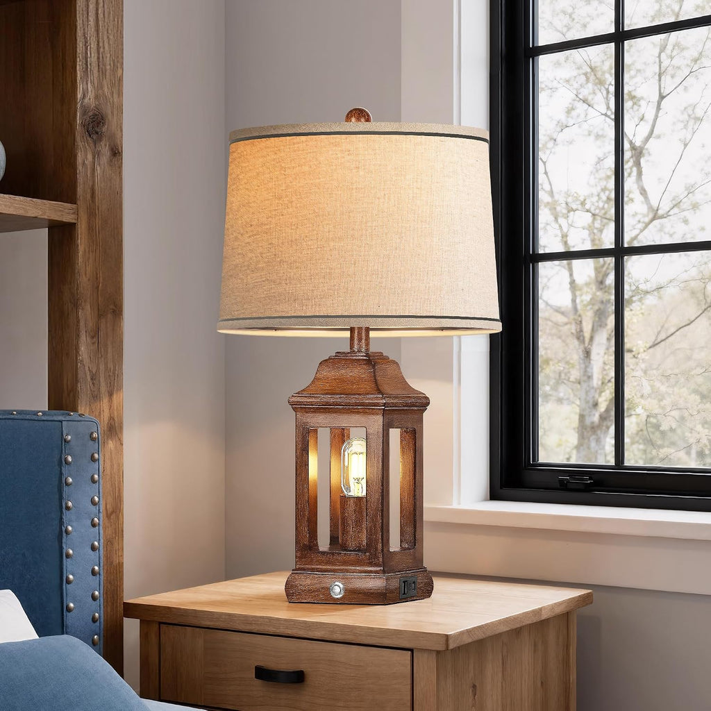 24' Rustic Farmhouse Table Lamps for Living Room Set of 2, Touch Dimmable Nightlight Vintage Bedside Lamps with USB A+C Ports & Dual Light Sources for Bedroom Nightstand End Table, Wood Grain