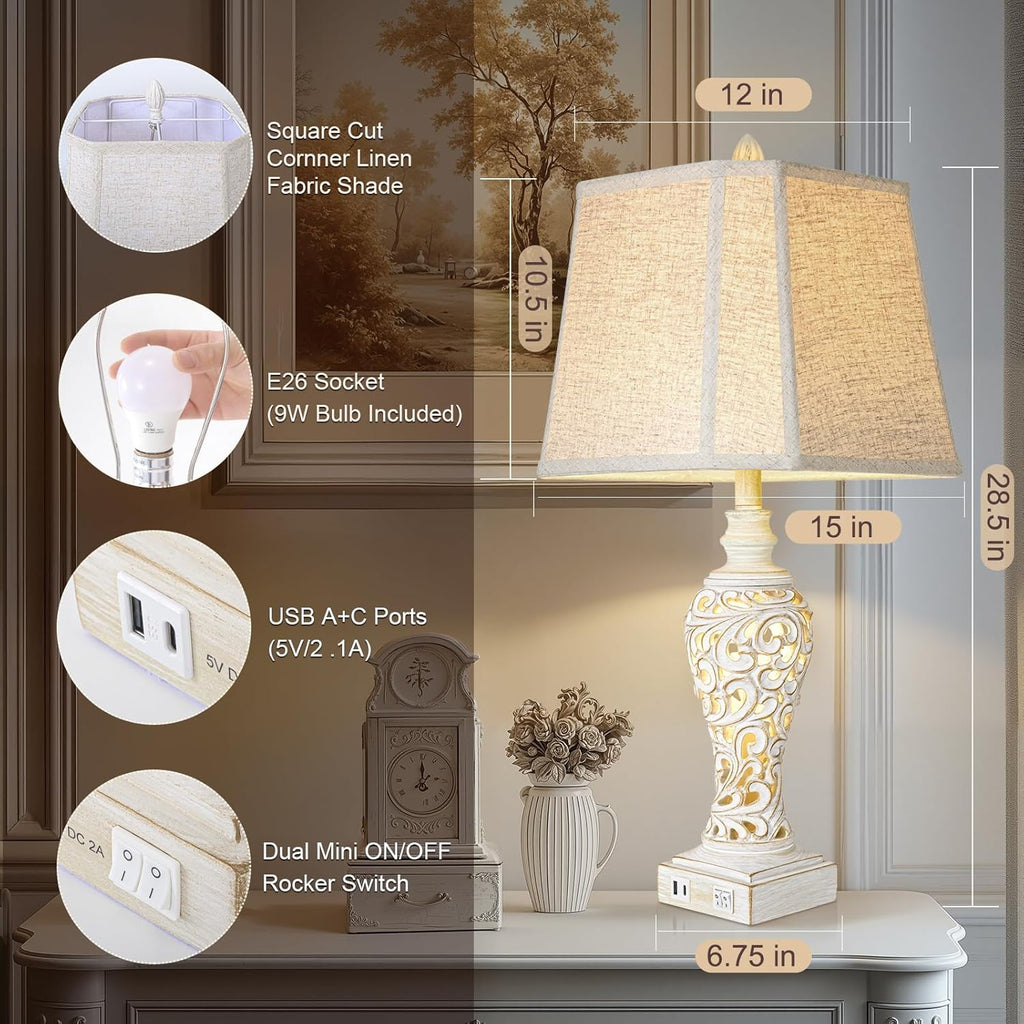 Vintage Table Lamps Set of 2, 28.5'' High Bedside Lamps with Fabric Shade, Farmhouse Nightstand Lamps with USB A+C Ports and Nightlight - Perfect for Living Room Bedroom Office Study (Bulb Included)