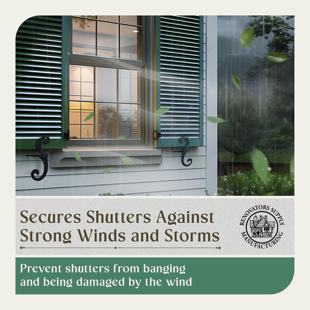 Renovators Supply Decorative S Style Shutter Dogs - Rust Resistant Powder Coated External Shutter Tieback Hardware with Mounting Screws - 6.5 Inches, Cast Aluminum (Pack of 50 Pairs)