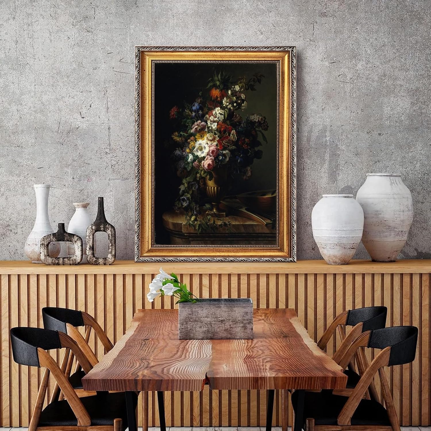 Large Gold Framed 19th Century Classical Floral Oil Painting Canvas Poster Vintage European Flowers Dark Wall Art Retro Bouquet of Peony Rose Iris Artwork Prints for Bedroom Home Deocr 24x36inch