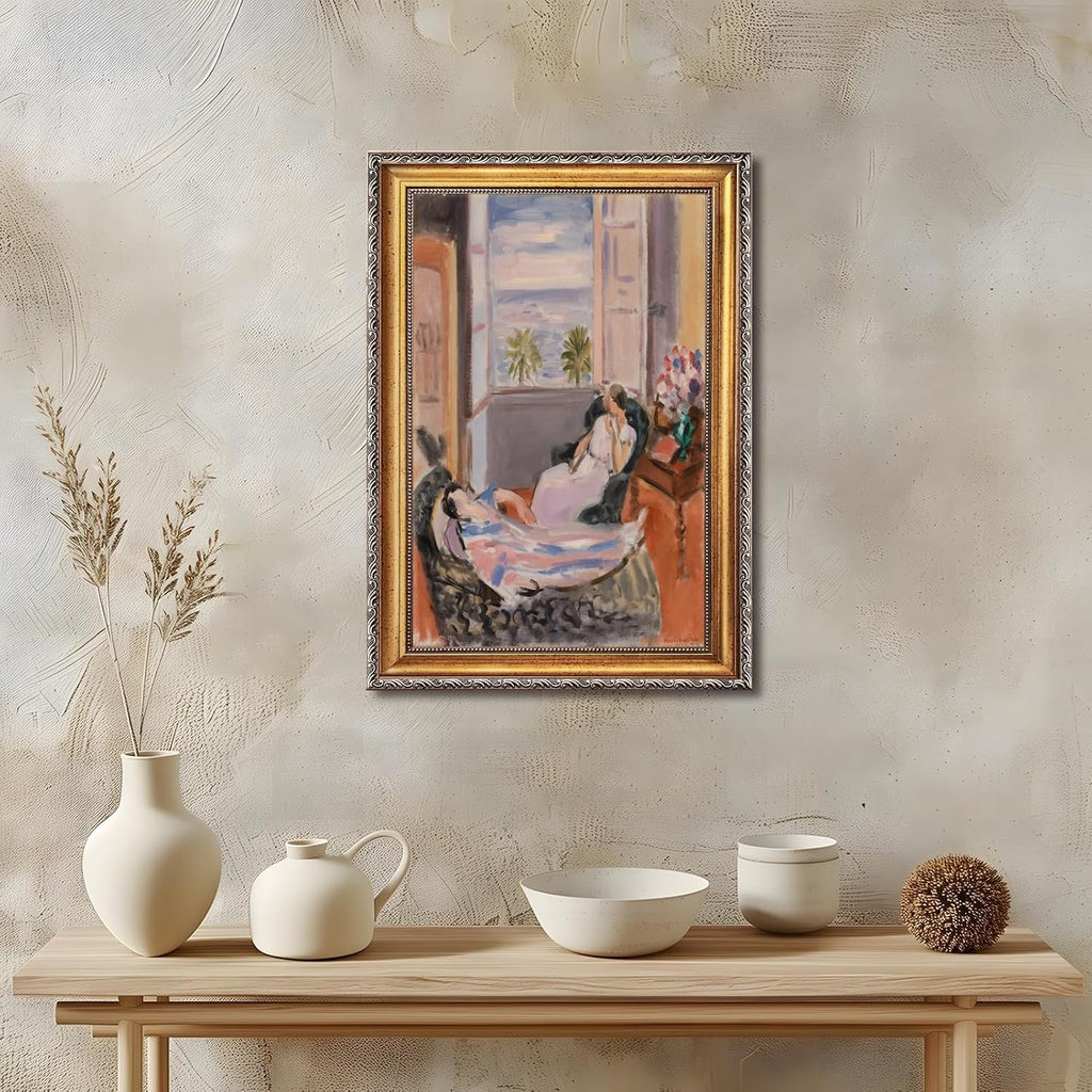 Large Framed Interior with Two Figures Open Window By Henri Matisse Canvas Wall Art Poster Oil Paintings Reproduction Classic Colorful European Artwork Prints for Bedromo Home Decor 24x36inch