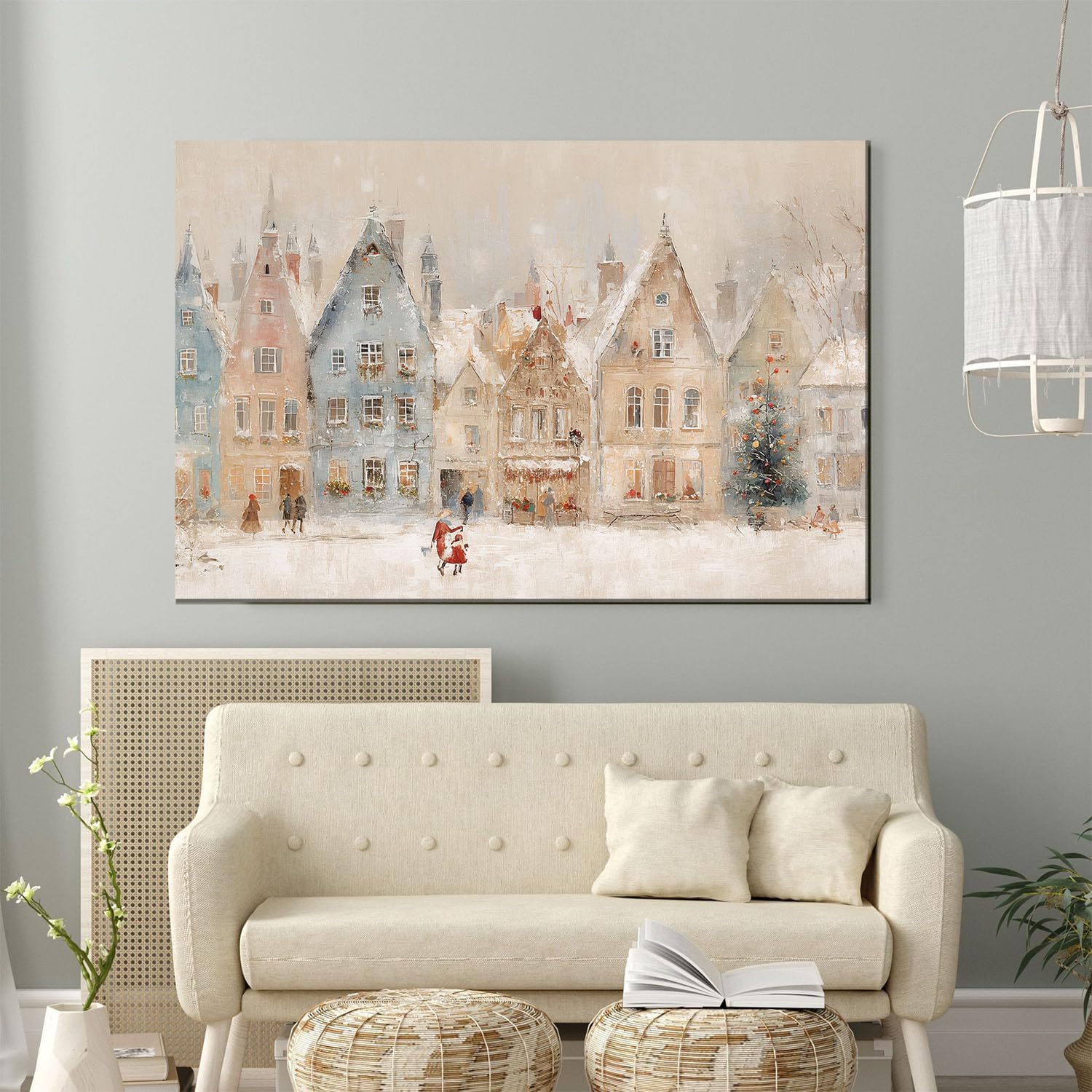 Winter village wall art print, European Christmas town oil painting, Christmas illustration, snowy holiday street scene, rural scenery, nursery wall decor 28x40in Wood Framed