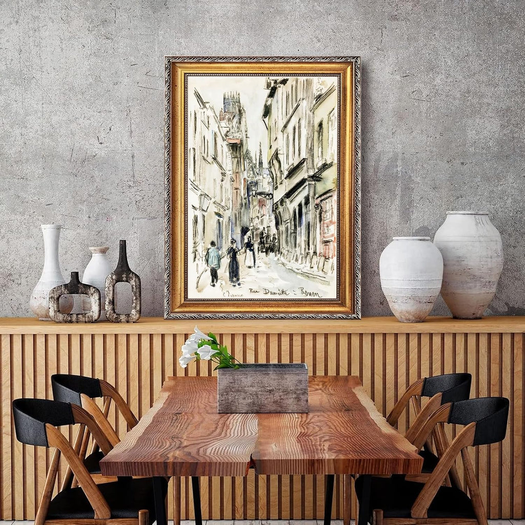 Large Framed European Old Town Street Sketch Canvas Wall Art Rue Damiette Rouen Poster by Camille Pissarro Classic Oil Paintings Reproduction Artwork Print Rustic City Scene Decor