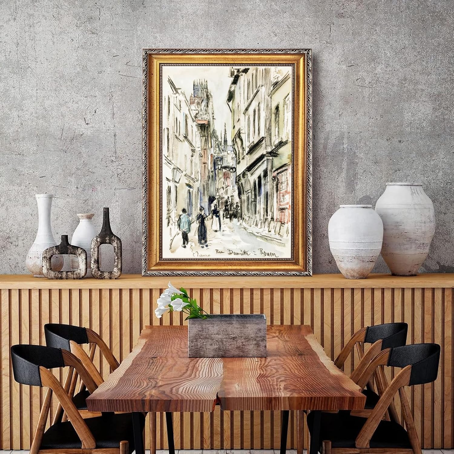 Large Framed European Old Town Street Sketch Canvas Wall Art Rue Damiette Rouen Poster by Camille Pissarro Classic Oil Paintings Reproduction Artwork Print Rustic City Scene Decor