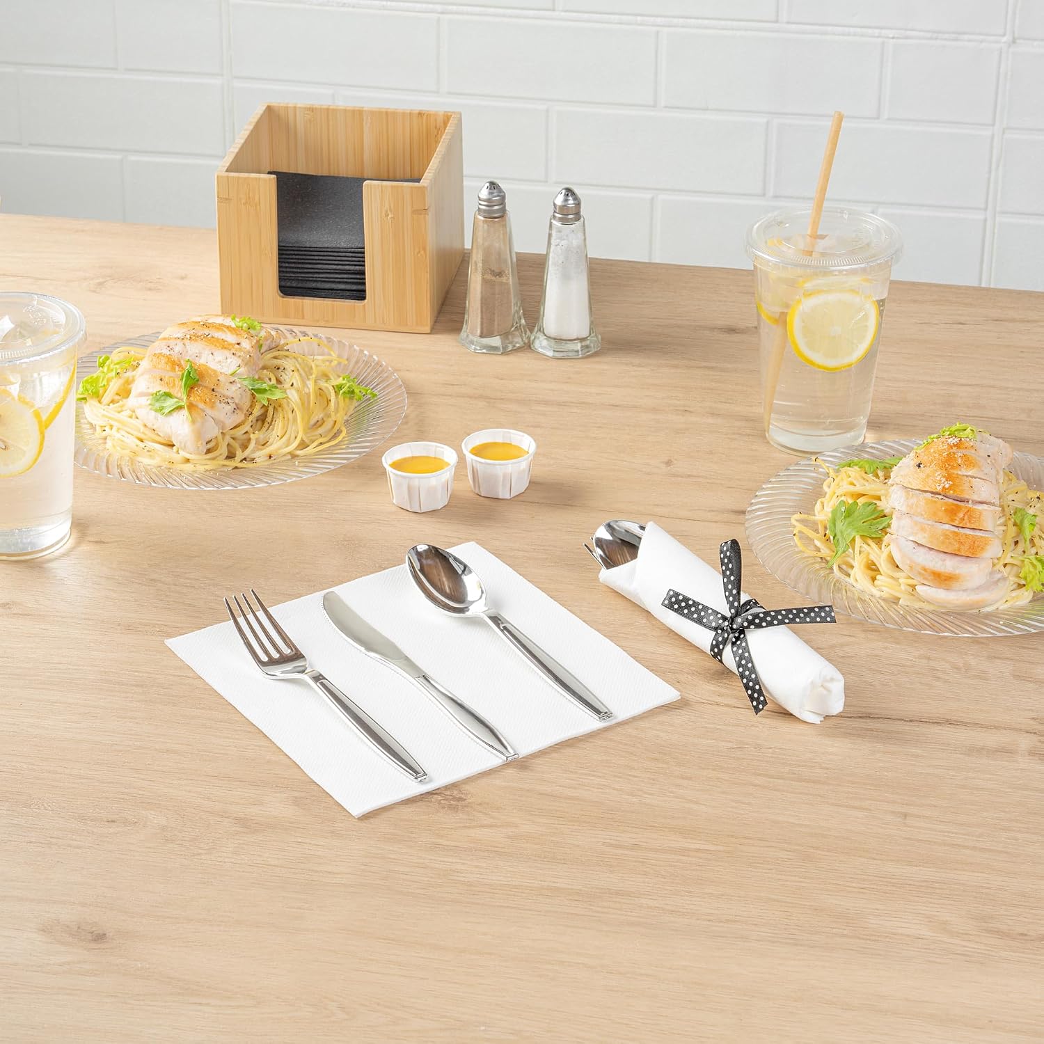 Restaurantware-7.3 Inch x 2 Inch Plastic Cutlery Sets, 100 Flatware Sets - Polka Dot Ribbon, With White Napkin, Individually Wrapped, Silver Plastic Disposable Cutlery Sets, For Weddings And Events